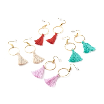 Ring with Cotton Tassel Dangle Earring, Brass Drop Earrings for Women, Mixed Color, 75mm, Pin: 0.6mm