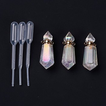 Angel Aura Quartz, Faceted Natural Quartz Crystal Pendants, Openable Perfume Bottle, with Golden Tone Brass Findings and Plastic Dropper, AB Color Plated, 40mm, Hole: 1.6mm, Capacity: 5ml(0.17fl. oz)