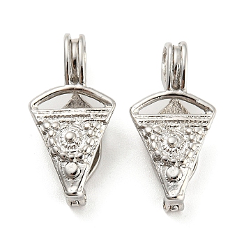 Rack Plating Brass Cage Pendants, Long-Lasting Plated, Cadmium Free & Lead Free, Triangle Charms, Platinum, 28.5x14x8mm, Hole: 6.5x4.5mm, Inner Measure: 16.5x4mm