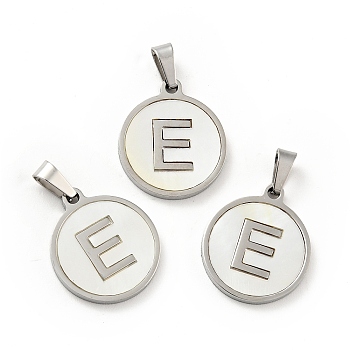 304 Stainless Steel with White Shell Pendants, Stainless Steel Color, Flat Round with Letter Charm, Letter.E, 18x16x1.5mm, Hole: 3x6mm