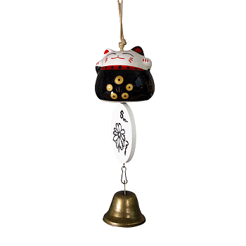 Porcelain Maneki Neko Hanging Wind Chimes Decor, Feng Shui Lucky Cat for Car Interiors Bell Hanging Ornaments, Black, 450x55mm