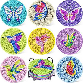 DIY Butterfly & Bird Theme Diamond Painting Wood Cup Mat Kits, Including Coster Holder, Resin Rhinestones, Diamond Sticky Pen, Tray Plate and Glue Clay, Mixed Color, Packaging: 130x126x80mm
