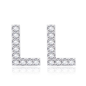 Brass Cubic Zirconia Stud Earrings, with Ear Nuts, Alphabet, Letter L, Clear, Platinum, 12x8.5x2.5mm, Pin: 0.7mm
