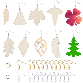 DIY Dangle Earring Making, with Undyed Wood Big Pendants, Iron Jump Rings & Earring Hooks, Leaf, Blanched Almond, Pendant: 100pcs/set