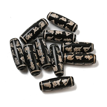 Tibetan Style dZi Beads Strands, Natural Dyed Agate Beads, Rice, Black, Blessings Pattern, 28.5~30x10mm, Hole: 2~2.5mm