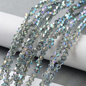 Electroplate Glass Beads Strands, Full Plated, Faceted, Bicone, Teal, 3.5x3mm, Hole: 1mm, about 128~135pcs/strand, 13.8