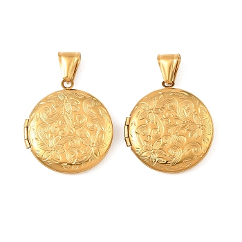 316 Stainless Steel Locket Pendants, with 304 Stainless Steel Snap on Bails, Long-Lasting Plated, Ion Plating(IP), Flat Round with Flower Charms, Real 20K Gold Plated, 31x27.5x5mm, Hole: 8x3.5mm, Inner Diameter: 20mm