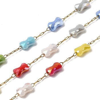 Colorful Bowknot Handmade Glass Beaded Chains, with 304 Stainless Steel Chain, Soldered, Ion Plating(IP), Real 18K Gold Plated, 2.5x1x0.3mm & 7x4.5x3mm