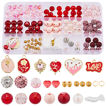 DIY Valentine's Day Bracelet Making Kit, Including Polymer Clay & Glass & Acrylic Beads, Heart & Oval & Word Love Alloy Pendants, Pink, 178Pcs/box