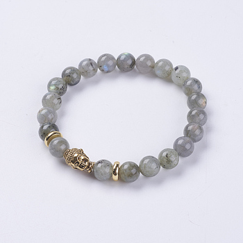 Natural Labradorite Beads Stretch Bracelets, with Alloy Finding, Buddha's Head, 2-1/8 inch(55mm)