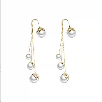 Vintage Imitation Pearl Dangle Earrings, Brass Chains Tassel Earrings for Women, White, 72.5x14mm, Pin: 0.8mm
