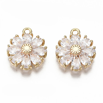 Real 18K Gold Plated Brass Micro Pave Cubic Zirconia Pendants, Nickel Free, Flower, Clear, 15x12.5x3.5mm, Hole: 1.4mm