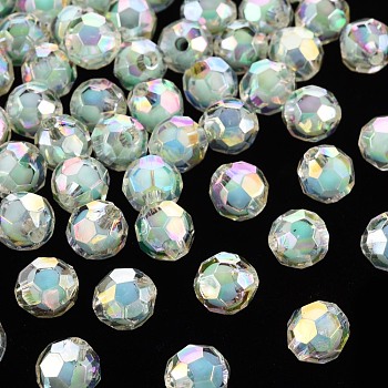 Transparent Acrylic Beads, Bead in Bead, AB Color, Faceted, Round, Aquamarine, 9.5x9.5mm, Hole: 2mm