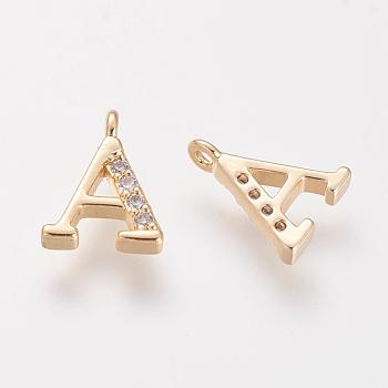 Brass Cubic Zirconia Charms, Nickel Free, Real 18K Gold Plated, Letter.A, 11x6~9x2mm, Hole: 1mm