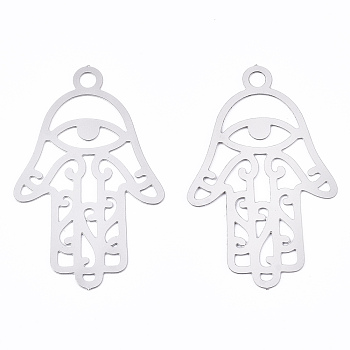 201 Stainless Steel Filigree Pendants, Etched Metal Embellishments, Hamsa Hand/Hand of Fatima/Hand of Miriam with Eye, Stainless Steel Color, 30.5x19x0.3mm, Hole: 2mm