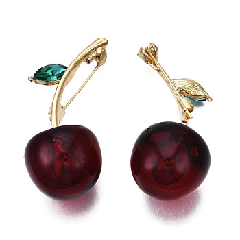 Resin Cherry Enamel Pin, Light Gold Plated Alloy Badge for Backpack Clothes, Nickel Free & Lead Free, Dark Red, 48x21mm, Pin: 0.7mm