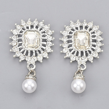 Alloy Cabochons, with Crystal Rhinestone and ABS Plastic Imitation Pearl, Flower and Round, Silver Color Plated, 42x24x5.5mm