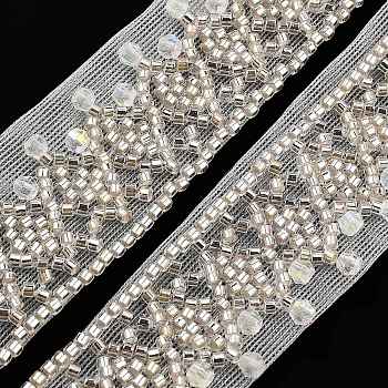 Polyester Lace Trims, with ABS Imitation Pearl Beads and Glass, Floral White, 1-1/8 inch(28mm)