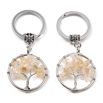 Natural Citrine Flat Round with Tree of Life Pendant Keychain, with Iron Key Rings and Brass Finding, 6.5cm