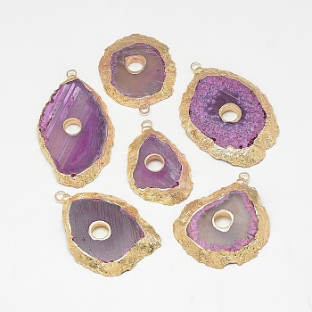 Natural Agate Pendant, Dyed, with Golden Tone Brass Findings, Orchid, 35~65x30~45x5~6mm, Hole: 3mm