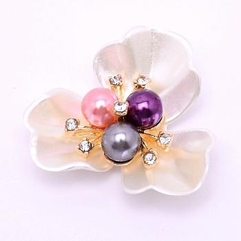 ABS Imitation Pearl Cabochons Accessories, with Imitation Shell ABS Petaline, with Crystal Glass Rhinestone and Light Gold Alloy Finding, for Jewelry Making, Flower, Colorful, 36x38x13.5mm