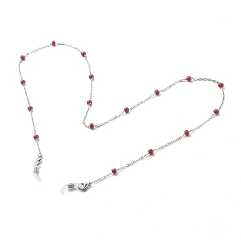 304 Stainless Steel Cable Chain Necklaces, with Enamel Beads, EyeGlass Chains, Stainless Steel Color, Indian Red, 27.95 inch(71cm)
