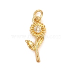 Valentine's Day Brass Micro Pave Cubic Zirconia Pendants, Flower Charms, Cadmium Free & Lead Free, Real 18K Gold Plated, Clear, 19x8x3mm, Hole: 3mm(KK-H273-42G-02)