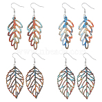 4 Pairs 4 Style Wood Hollow Leaf Dangle Earrings, Long Drop Earrings with Iron Pins, Mixed Color, 72x23~27mm, 1 pair/style(EJEW-FI0001-95)