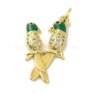 Brass Enamel Micro Pave Cubic Zirconia Pendants, Real 18K Gold Plated Bird Charms, with Jump Ring, Sea Green, 24x14x3.5mm, Hole: 3.2mm(KK-Z042-17G-01)