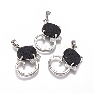 Natural Lava Rock Kitten Pendants, with Platinum Tone Brass Findings and Crystal Rhinestone, Cat with Bowknot Shape, 32x25.5x7.5mm, Hole: 4.5x7mm(G-L512-R05)