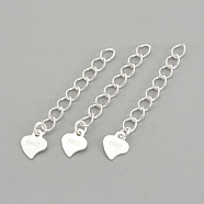 925 Sterling Silver Twisted Extender Chains, with Heart Charms, Carved 925, Silver, 32mm(STER-S002-32)