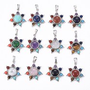 Chakra Jewelry, Natural Mixed Gemstone Pendants, with Brass Findings, Glass & Synthetic Turquoise, Natural Amethyst & Lapis Lazuli & Tiger Eye & Carnelian, Sacred Geometry, Flower, Platinum, 30~30.5x27.5x8.5~9mm, Hole: 8x5mm(G-L520-J)