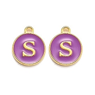 Golden Plated Alloy Enamel Charms, Enamelled Sequins, Flat Round with Alphabet, Letter.S, Purple, 14x12x2mm, Hole: 1.5mm(X-ENAM-Q437-12S)