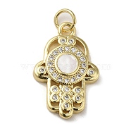 Brass Micro Pave Cubic Zirconia Pendants, with Shell, Hamsa Hand, Real 18K Gold Plated, 21x13.5x3.5mm, Hole: 3.4mm(KK-Q808-02G)