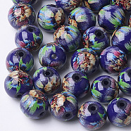 Printed & Spray Painted Glass Beads, Round with Flower Pattern, Blue, 10~10.5x9.5mm, Hole: 1.6mm(GLAA-S047-03B-02)