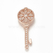 Brass Micro Pave Cubic Zirconia Links, Key, Clear, Rose Gold, 36x13x4mm, Hole: 1mm(ZIRC-Q015-014RG)