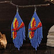 Bohemian Style Tassel Dangle Earrings, with Handmade Glass Beads, Blue, 116x32mm(UH3438)