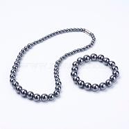 Electroplate Magnetic Synthetic Hematite Jewelry Sets, Graduated Beads Necklaces and Bracelets, Round, Gray, 18.2 inches(46.3cm), 2-1/4 inches(57mm)(SJEW-G060-03A)