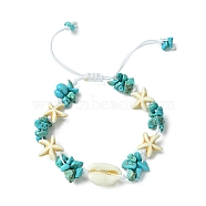 Synthetic Turquoise Starfish & Natural Shell Braided Bead Bracelets, Adjustable Braclelet for Women, Inner Diameter: 1-7/8~3-3/8 inch(4.8~8.5cm)(BJEW-TA00371)