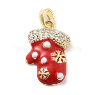 Christmas Theme Brass Micro Pave Cubic Zirconia Pendants, with Enamel, Real 18K Gold Plated, Gloves, 20x13x4mm, Hole: 4.5x3mm(KK-F877-31G-02)