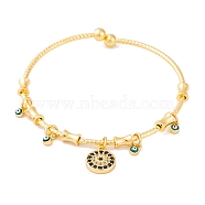 Brass Pave Clear & Black Cubic Zirconia Charm Bangles for Women, with Evil Eye Enamel, Golden, Flat Round, Inner Diameter: 2-1/8 inch(5.3cm), pendant: 12x10x2mm, 5mm(BJEW-S147-20C-G)