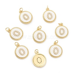 Brass Micro Pave Clear Cubic Zirconia Charms, Long-Lasting Plated, Cadmium Free & Nickel Free & Lead Free, with Jump Rings and White Enamel, Flat Round with Number, Real 18K Gold Plated, Num.0, 14.5x12x2mm, Hole: 1.5mm(ZIRC-J040-44G-00)