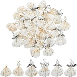 6 Styles Copper Wire Wrapped Shell Pendants, Angel Charms with Glass Pearl Beads & Alloy Wings, Antique Silver & Platinum, 27.5~40x25.5~32x9.5~12mm, Hole: 4.2~4.5mm(FIND-AR0005-14)