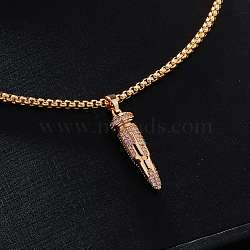 Fashionable Hip-hop Style Brass Full Crystal Rhinestone Bullet Shaped Pendant Box Chain Necklaces for Men, Golden, 23.62 inch(60cm)(CU1722-1)