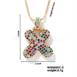 Brass Pave Colorful Cubic Zirconia Letter Pendant Box Chain Necklaces, Golden, Letter X, 15.75 inch(40cm)(NU0575-24)