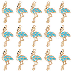 20Pcs Alloy Enamel Pendants, Cadmium Free & Lead Free, Light Gold, Flamingo Shape, Cyan, 29.5x16x3mm, Hole: 1.6mm(ENAM-SW0002-06B)