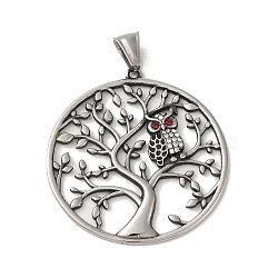304 Stainless Steel Rhinestone Pendants, Flat Round with Tree of Life & Owl Charm, Antique Silver, 49x46x3mm, Hole: 8.5X4mm(STAS-U001-02AS)