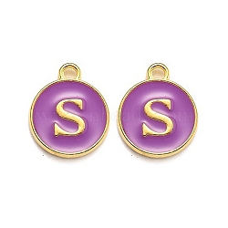Golden Plated Alloy Enamel Charms, Enamelled Sequins, Flat Round with Alphabet, Letter.S, Purple, 14x12x2mm, Hole: 1.5mm(X-ENAM-Q437-12S)