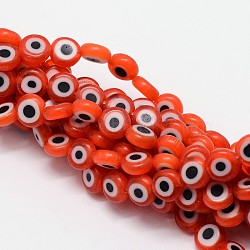 Handmade Evil Eye Lampwork Flat Round Bead Strands, Orange Red, 8x3.2mm, Hole: 1mm, about 49pcs/strand, 14.56 inch(LAMP-L058-8mm-08)