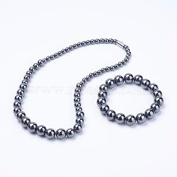 Electroplate Magnetic Synthetic Hematite Jewelry Sets, Graduated Beads Necklaces and Bracelets, Round, Gray, 18.2 inch(46.3cm), 2-1/4 inch(57mm)(SJEW-G060-03A)
